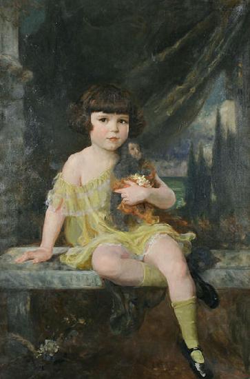 Douglas Volk Young Girl in Yellow Dress Holding her Doll Sweden oil painting art